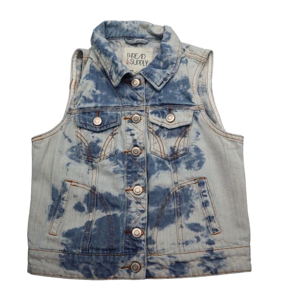 Thread Supply Vest Womens S Blue Sleeveless Button Down Pockets Collared Denim